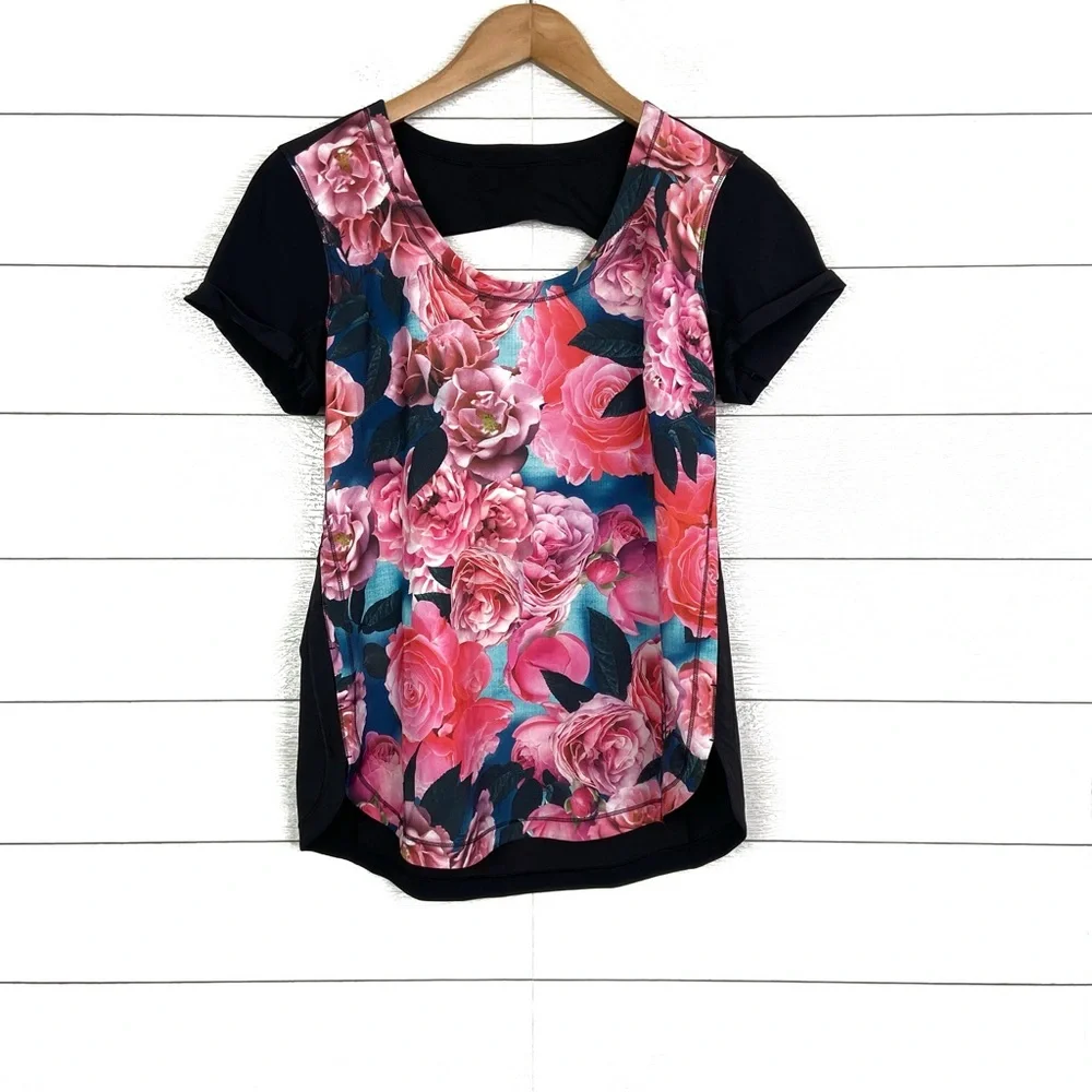LULULEMON Lightened Up Short Sleeve Top Secret Garden Pink Black Floral Run